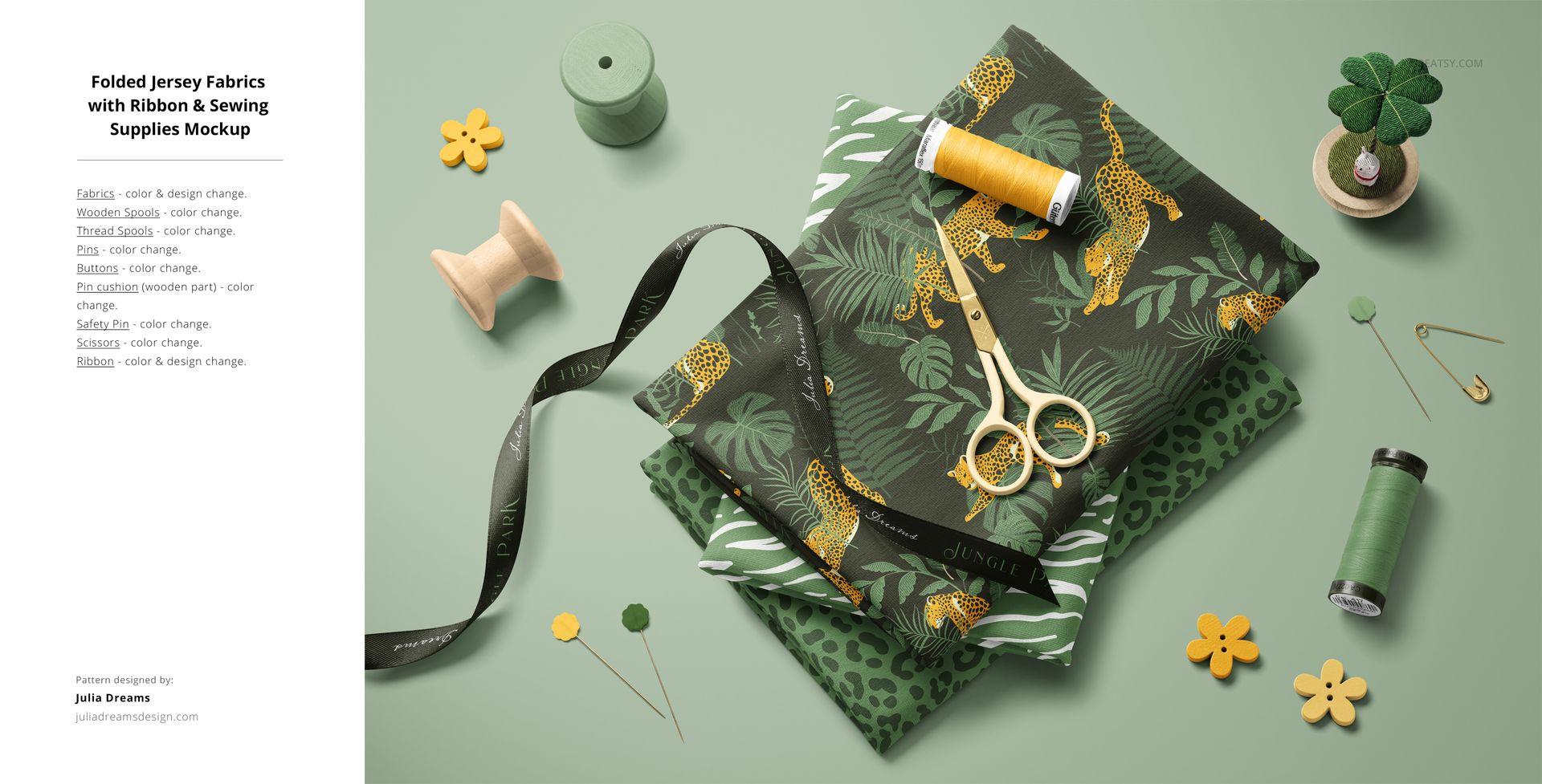 Jersey fabric mockup bundle with animal and foliage prints, arranged with sewing accessories on a mint green background.