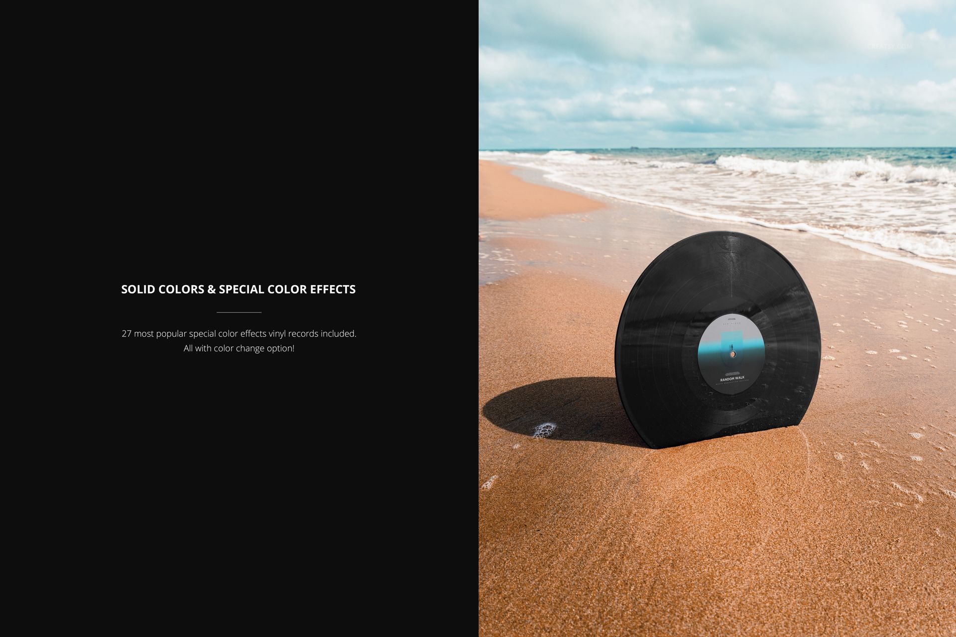 PSD mockup featuring a vinyl record positioned on sand by the shoreline, with water and sky in view.