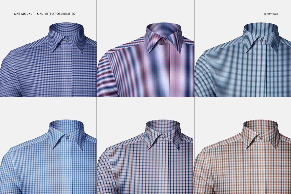 Front view of six formal dress shirts in a PSD mockup, each featuring different checkered patterns and colors.
