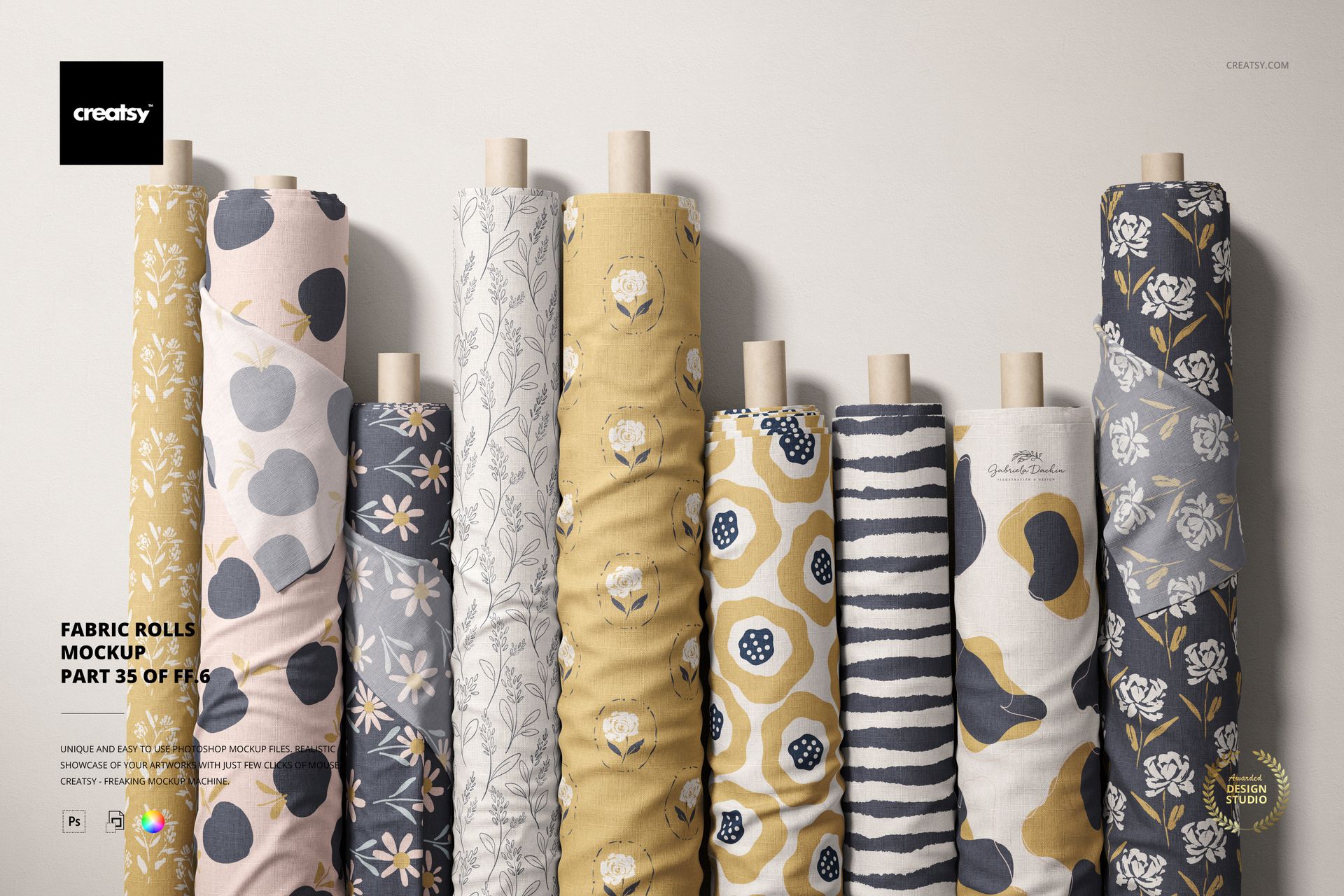 Fabric rolls mockup featuring different textile patterns and colors, shown from the front against a light backdrop.