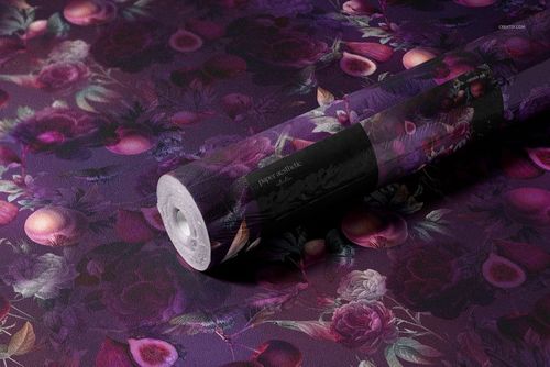Mockup of a non-woven vinyl wallpaper roll featuring a detailed purple and pink botanical design on a flat surface.