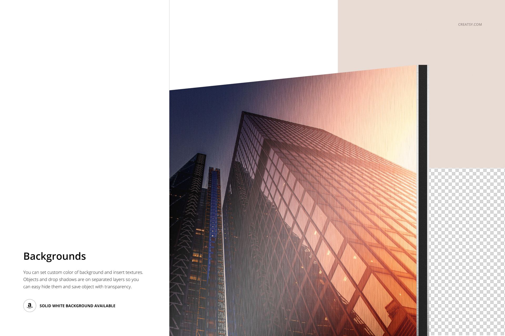 Close-up view of a rectangular acrylic or aluminum print mockup featuring a city skyscraper at sunset with geometric backgrounds.