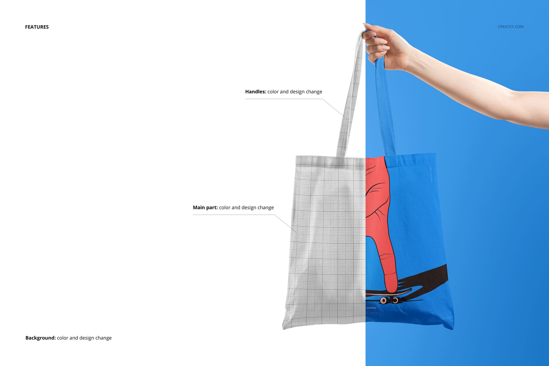 Front view of a tote bag mockup showing a split design with one half in grid pattern and the other half in blue with a hand illustration.