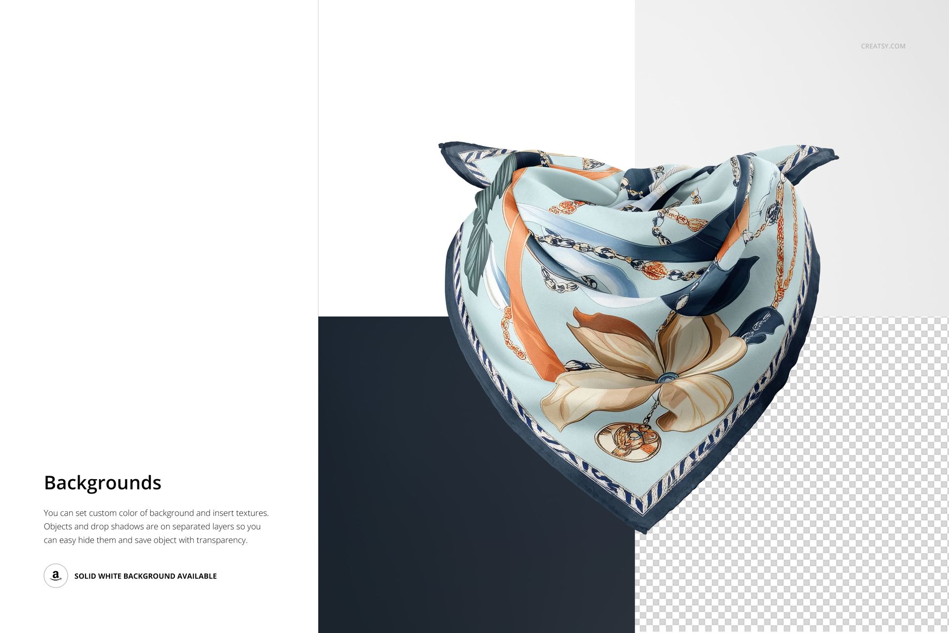 Silk scarf with floral and chain patterns in blue and beige tones, displayed in a front view on a mockup background.