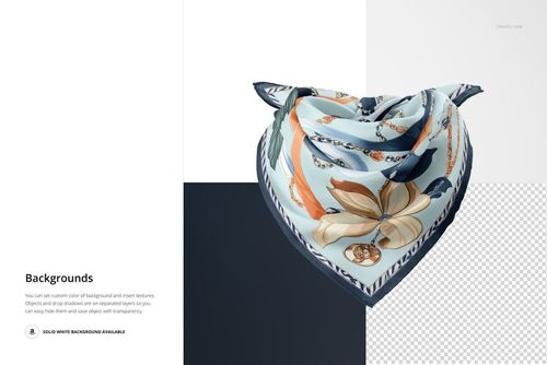 Silk scarf with floral and chain patterns in blue and beige tones, displayed in a front view on a mockup background.