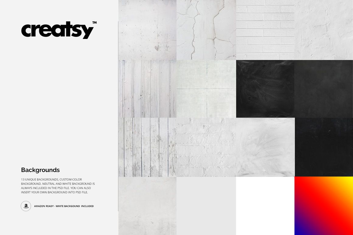Selection of canvas print mockup backgrounds featuring neutral tones, brick texture, concrete, and color gradient.