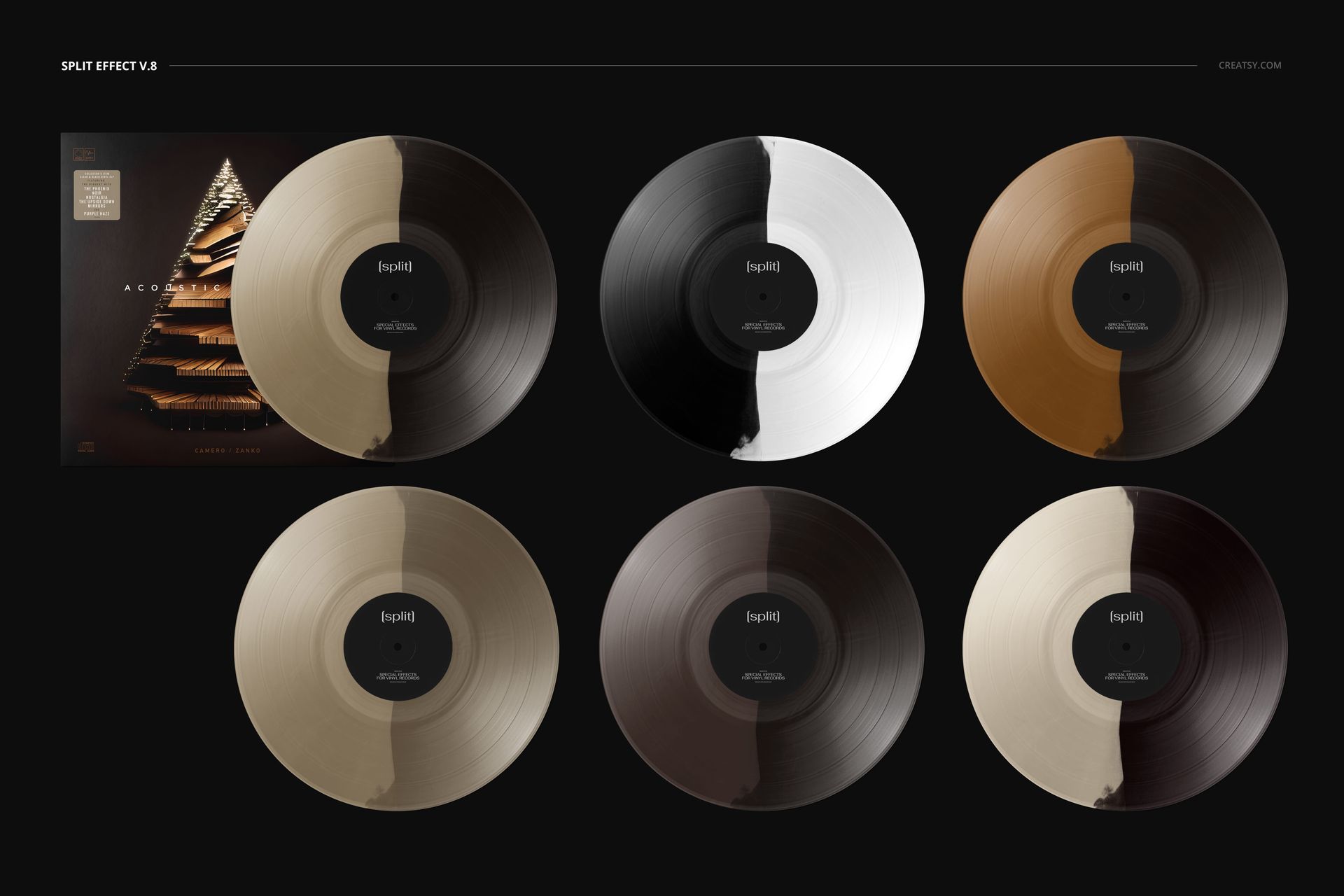 Front view of six vinyl records with split color effects, including black, white, gold, and brown, next to a cover mockup.