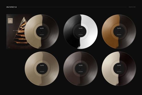 Front view of six vinyl records with split color effects, including black, white, gold, and brown, next to a cover mockup.