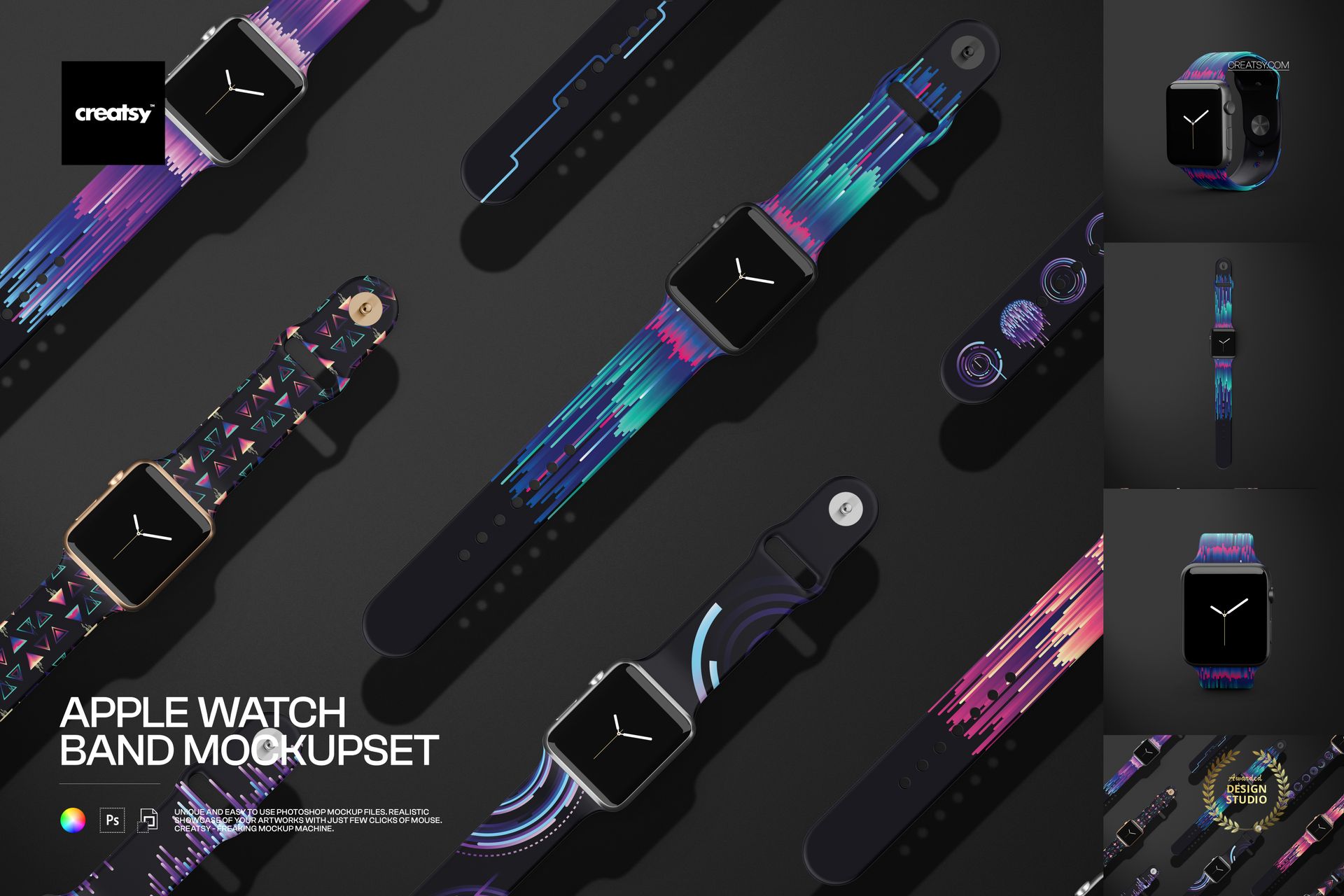 Apple Watch bands in various colorful geometric and abstract patterns displayed on a dark background, front view mockup.