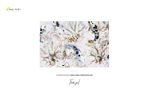 Rectangular cotton fabric mockup with a detailed aquatic design, including koi fish and starfish in soft colors.