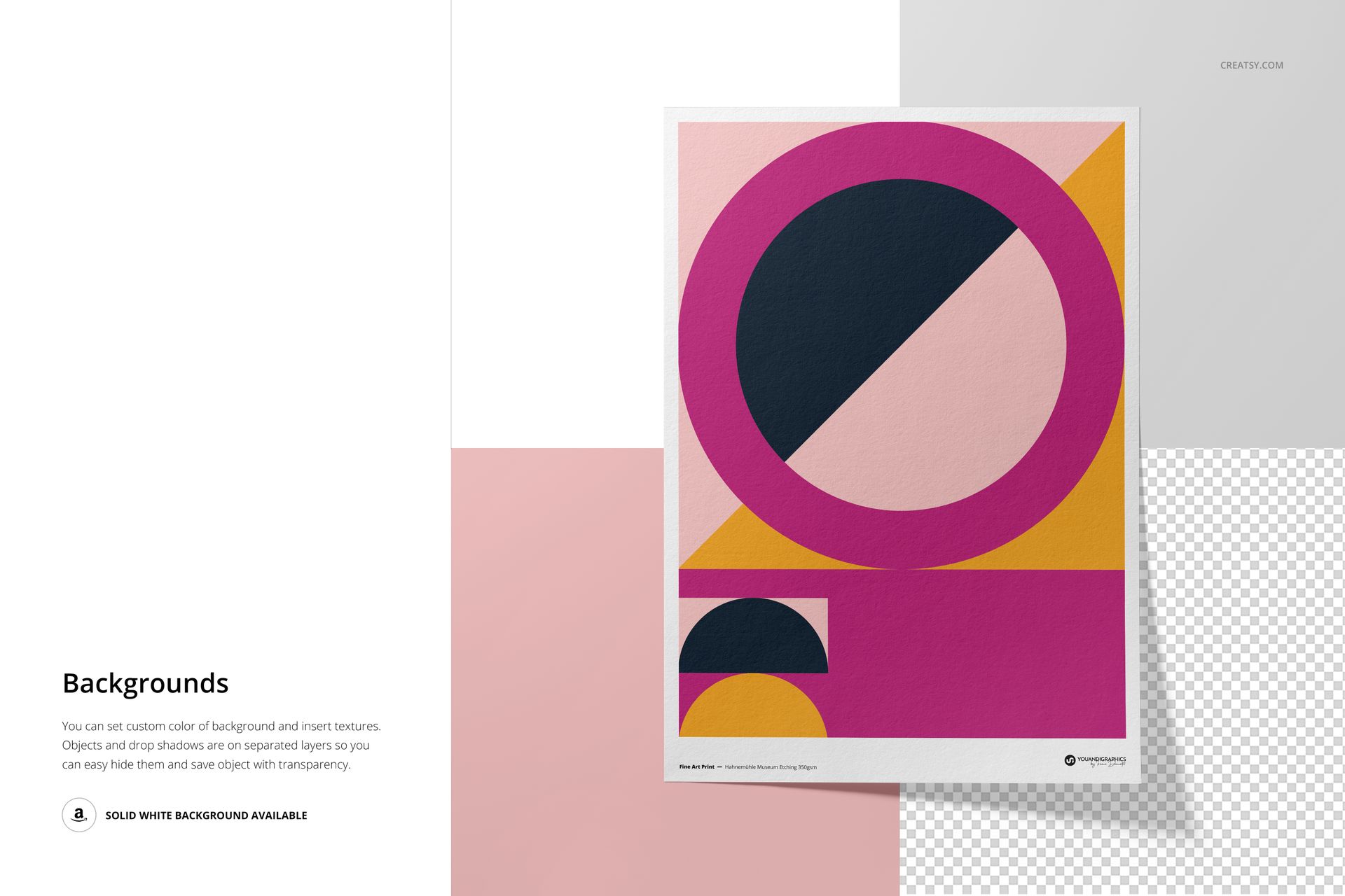A3 fine art print mockup featuring a geometric abstract design with bold pink, yellow, and black shapes on a white background.