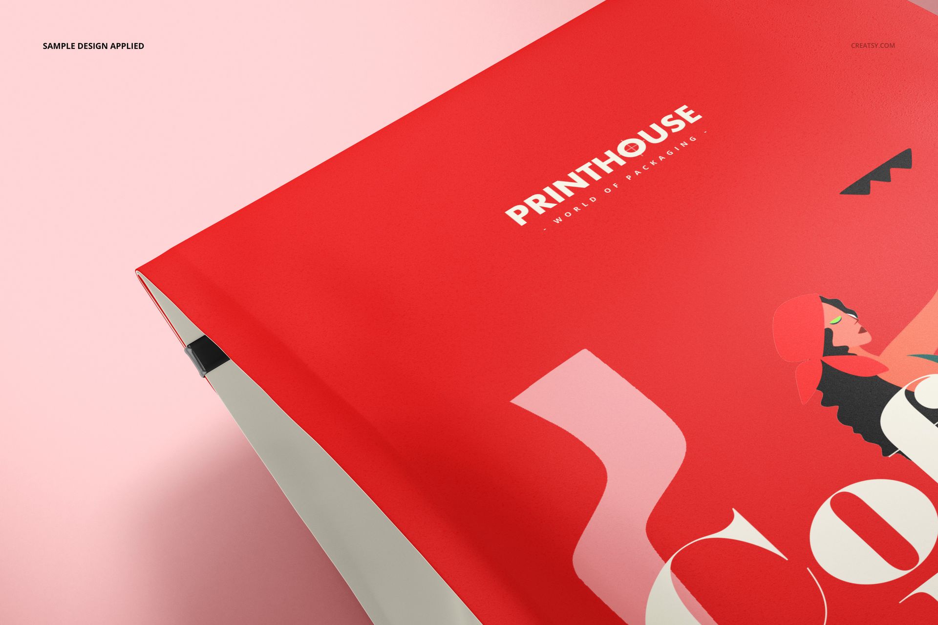 PSD mockup of a side gusset bag featuring bold red artwork and white accents, displayed from a top side perspective.