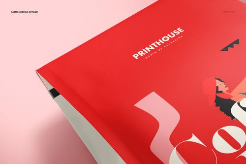 PSD mockup of a side gusset bag featuring bold red artwork and white accents, displayed from a top side perspective.