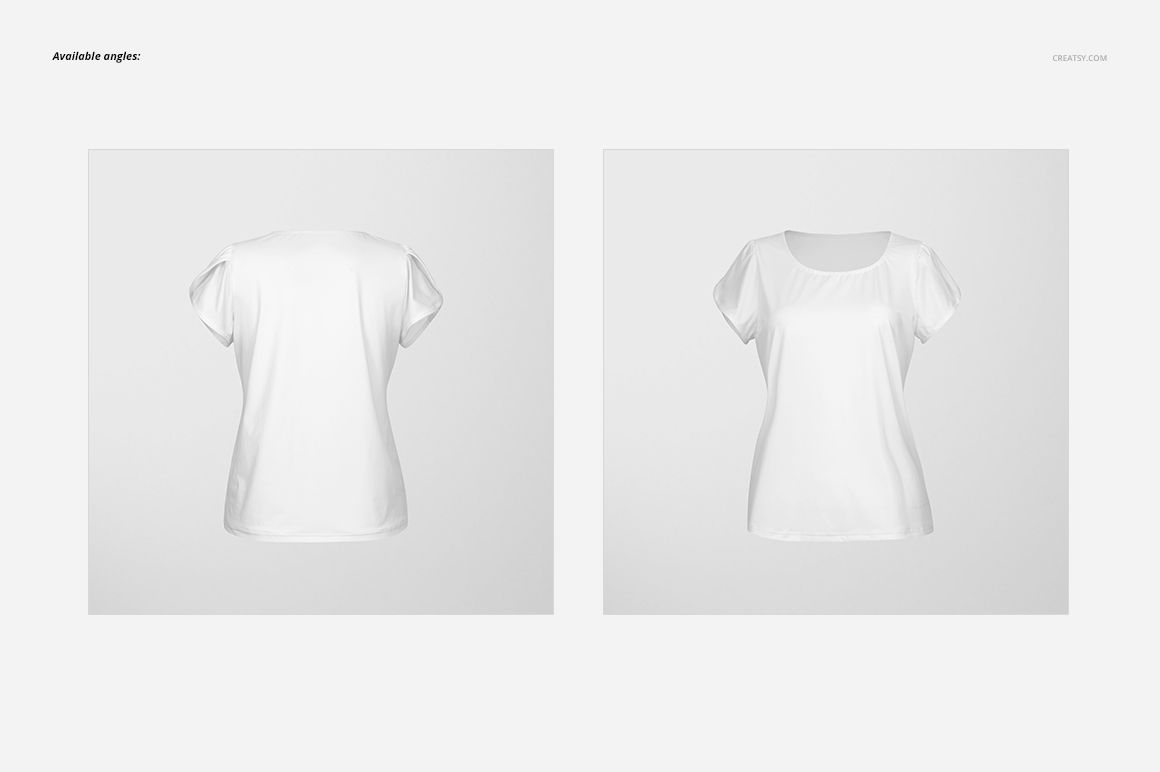 White women's blouse with split sleeves shown in front and back views on a solid light background, adult apparel mockup.