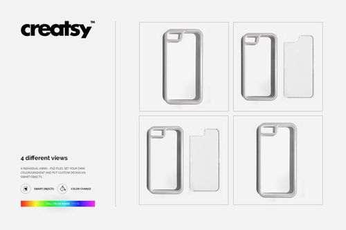 Set of four iPhone bumper case mockups in white and transparent, displayed from various angles on a plain background.