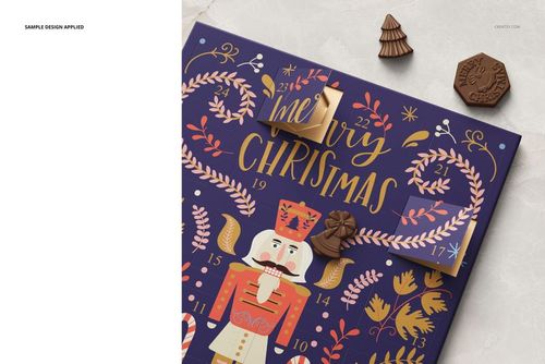 Front view of a paper advent calendar mockup with festive Christmas design, nutcracker illustration, and chocolate props.