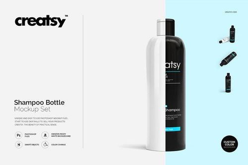 Front view of a shampoo bottle mockup set featuring a black and white bottle on a split white and blue background.