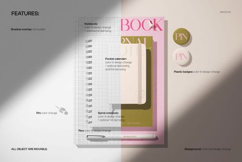 Top view of a stationery set mockup with notebook, spiral notepad, pocket calendar, and plastic badges on a split light background.