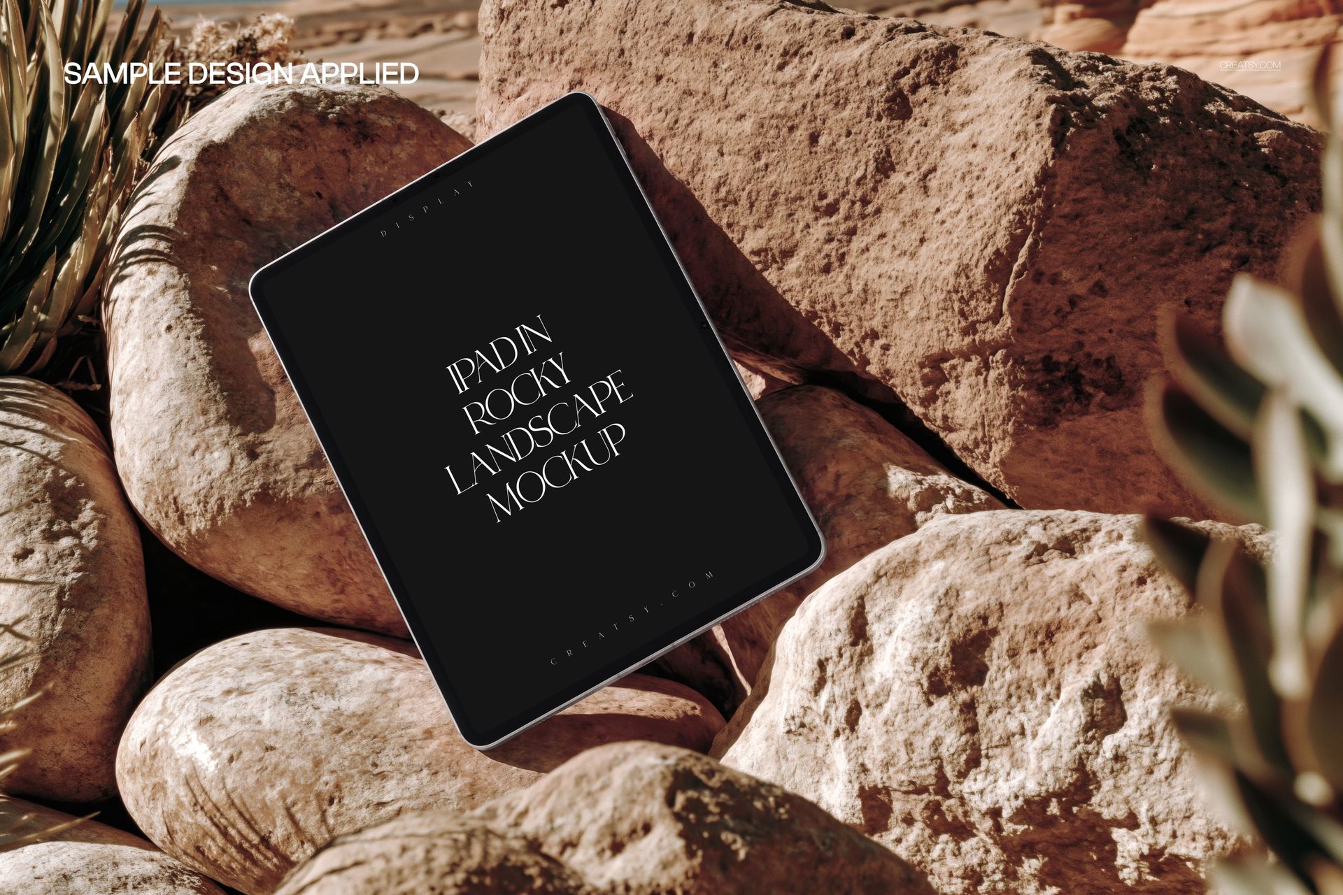 Front view of an iPad mockup resting on natural stone surfaces, surrounded by textured rocks and desert plants.