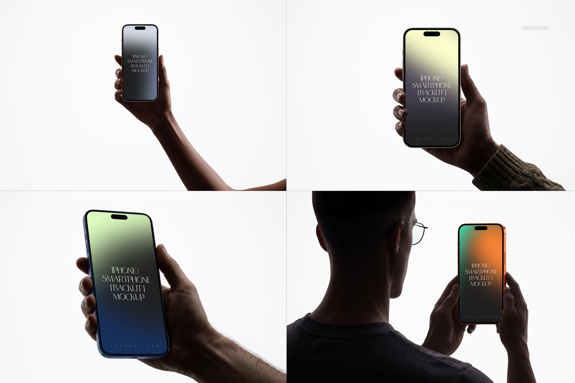 PSD mockup set featuring hands holding iPhone, iPad Pro, and laptop with illuminated screens against white background.