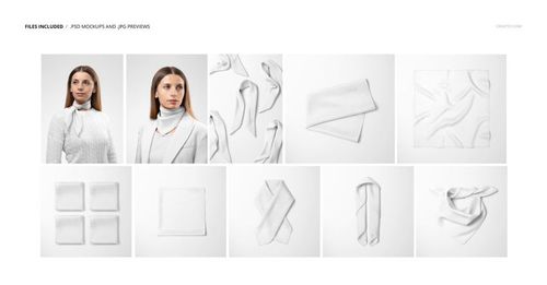 Silk scarf mockup set featuring white scarves in various shapes and folds, shown from multiple perspectives.