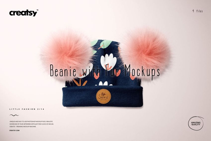 PSD mockup of a children’s beanie featuring pink fur pompons, navy color, and playful floral design on the front.