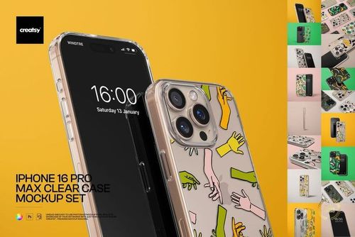 Clear phone case mockup for iPhone 16 Pro Max shown from front and back, featuring colorful hand illustrations.