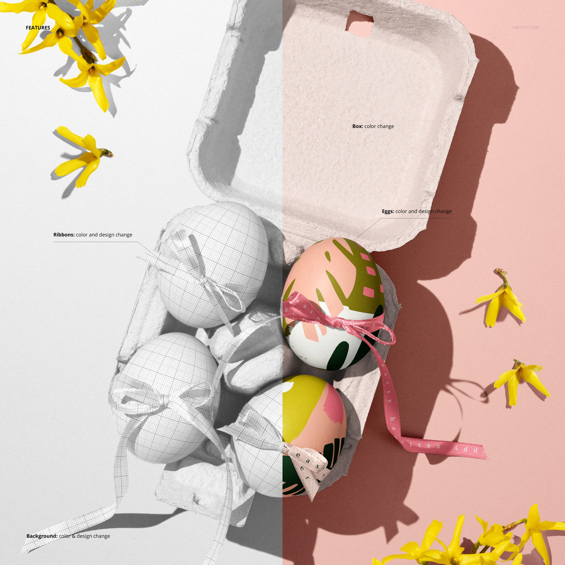 PSD mockup showing colorful Easter eggs with artistic patterns in a carton box, split between grayscale and color sections.