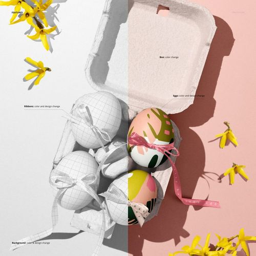 PSD mockup showing colorful Easter eggs with artistic patterns in a carton box, split between grayscale and color sections.