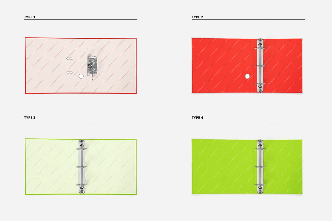 Four open binder mockups displayed from a top view, each featuring a different color and metal ring mechanism on a light background.