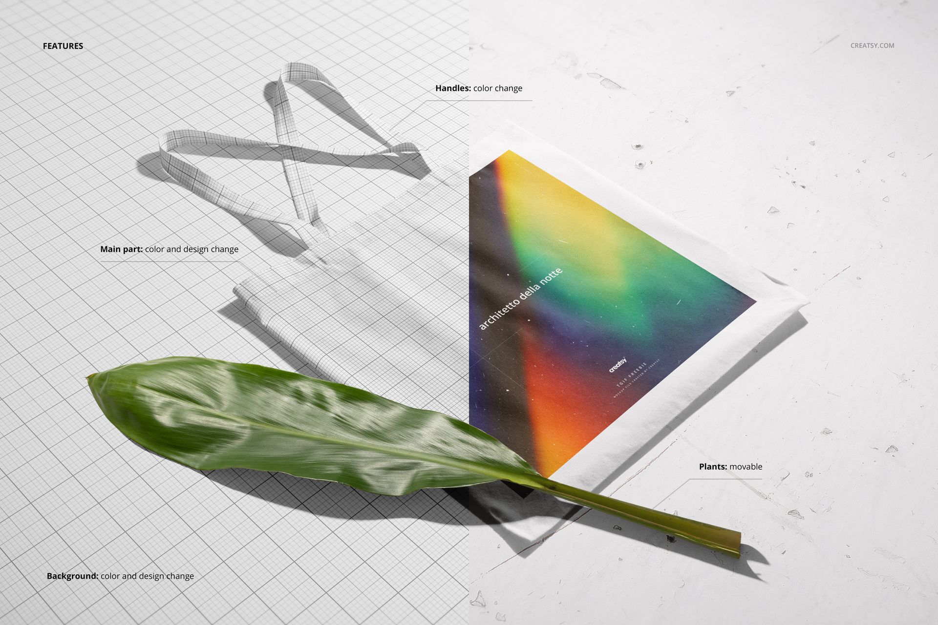 Front view of a tote bag mockup with a colorful geometric design, white handles, and a green leaf on a grid background.