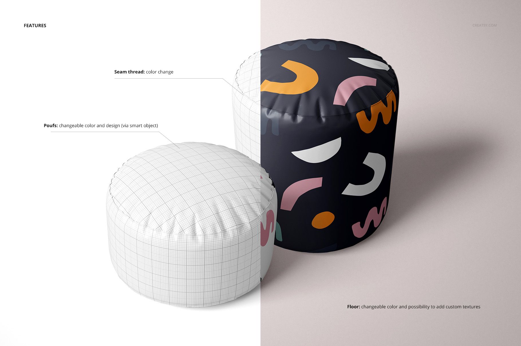 Mockup of two round poufs, one displaying a white grid design and the other featuring bold abstract patterns, front perspective.