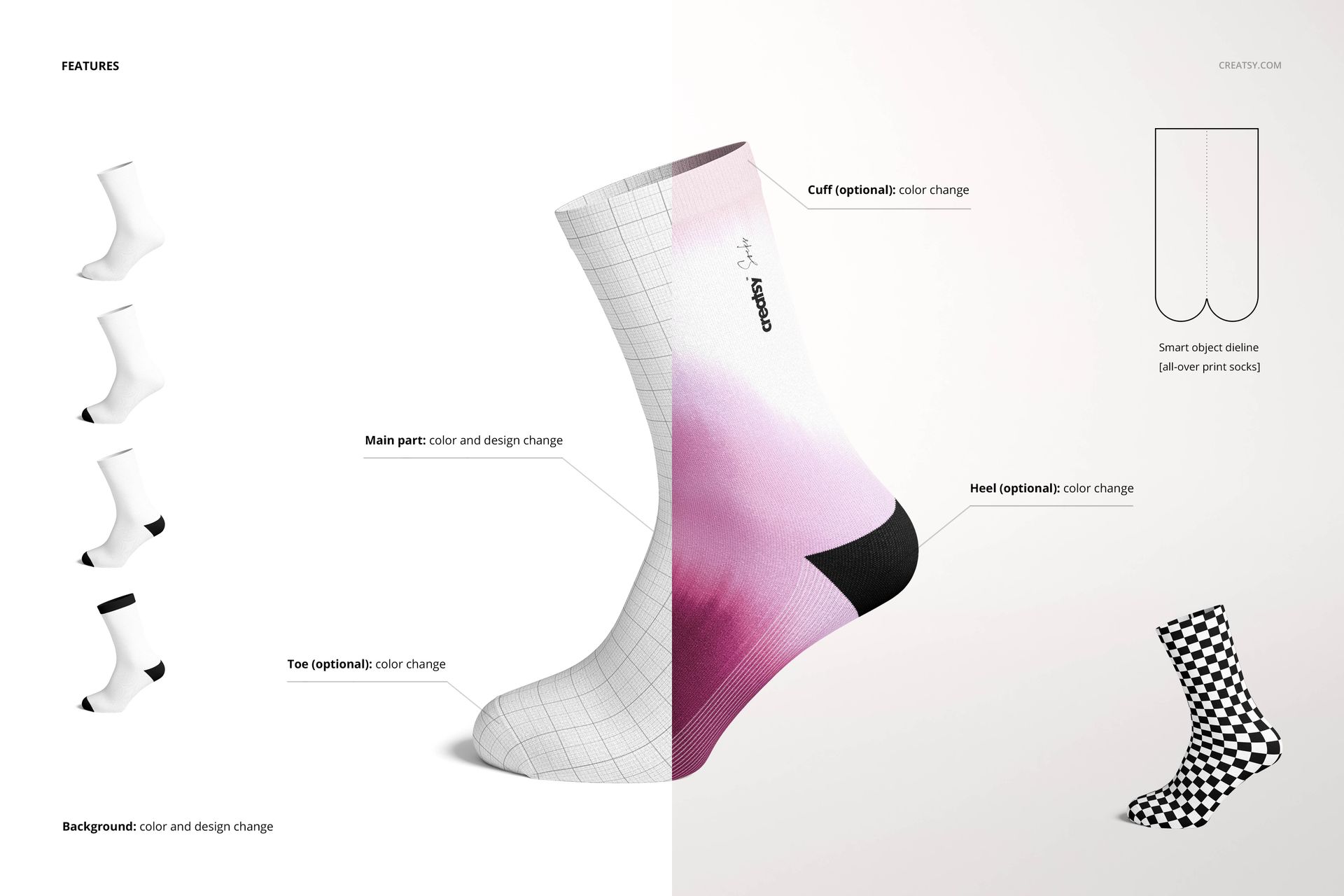 Socks mockup set featuring a side view of a sock with gradient pink and white design, grid pattern, and customization options.