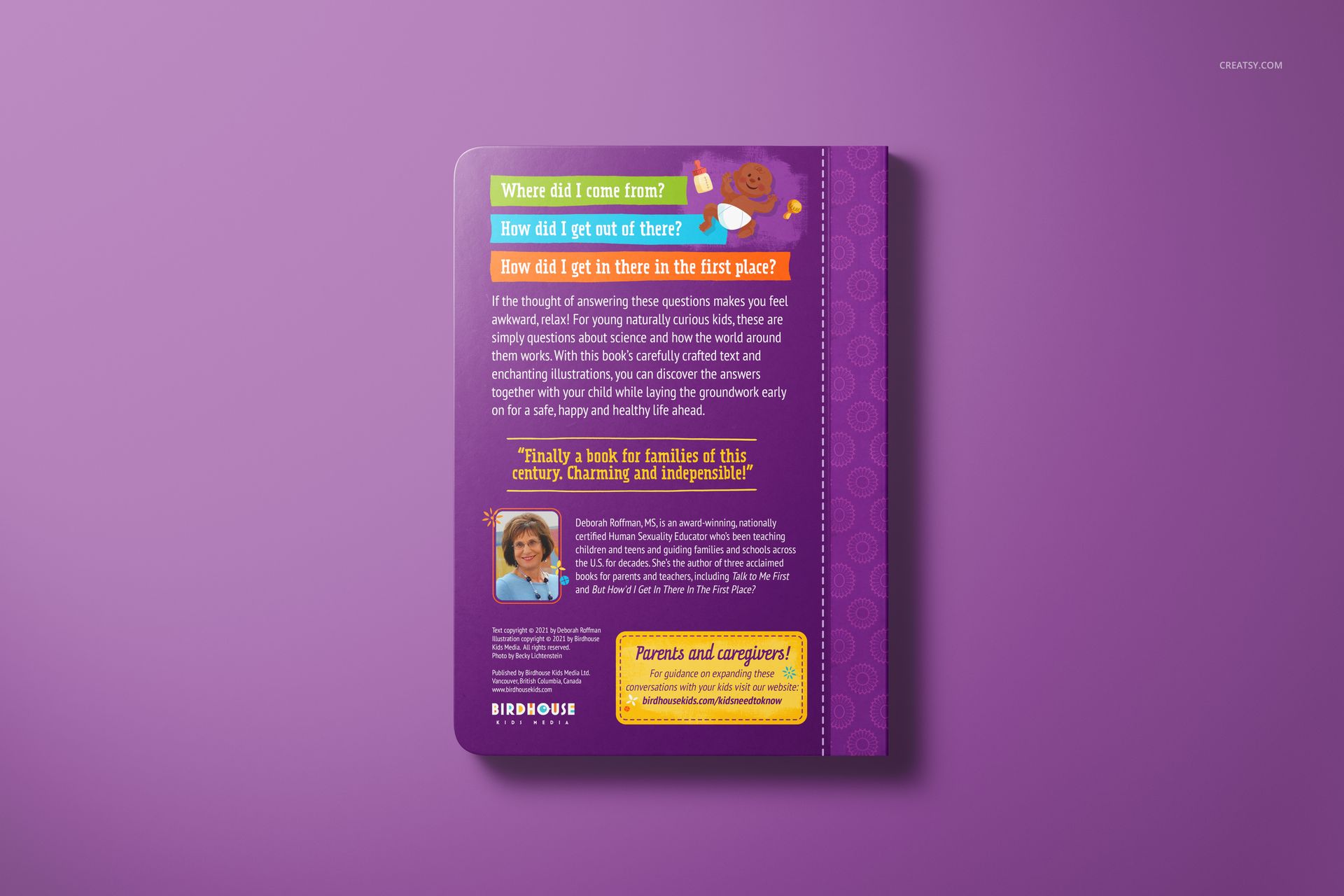 Board book mockup displayed on a purple surface, showing the colorful back cover with text and graphic elements.