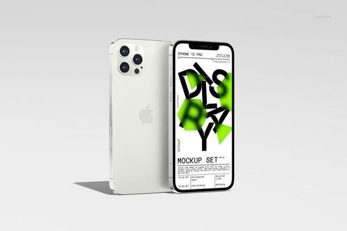 Two iPhone 12 Pro devices in silver shown on a light gray background, one facing front displaying a colorful mockup design.