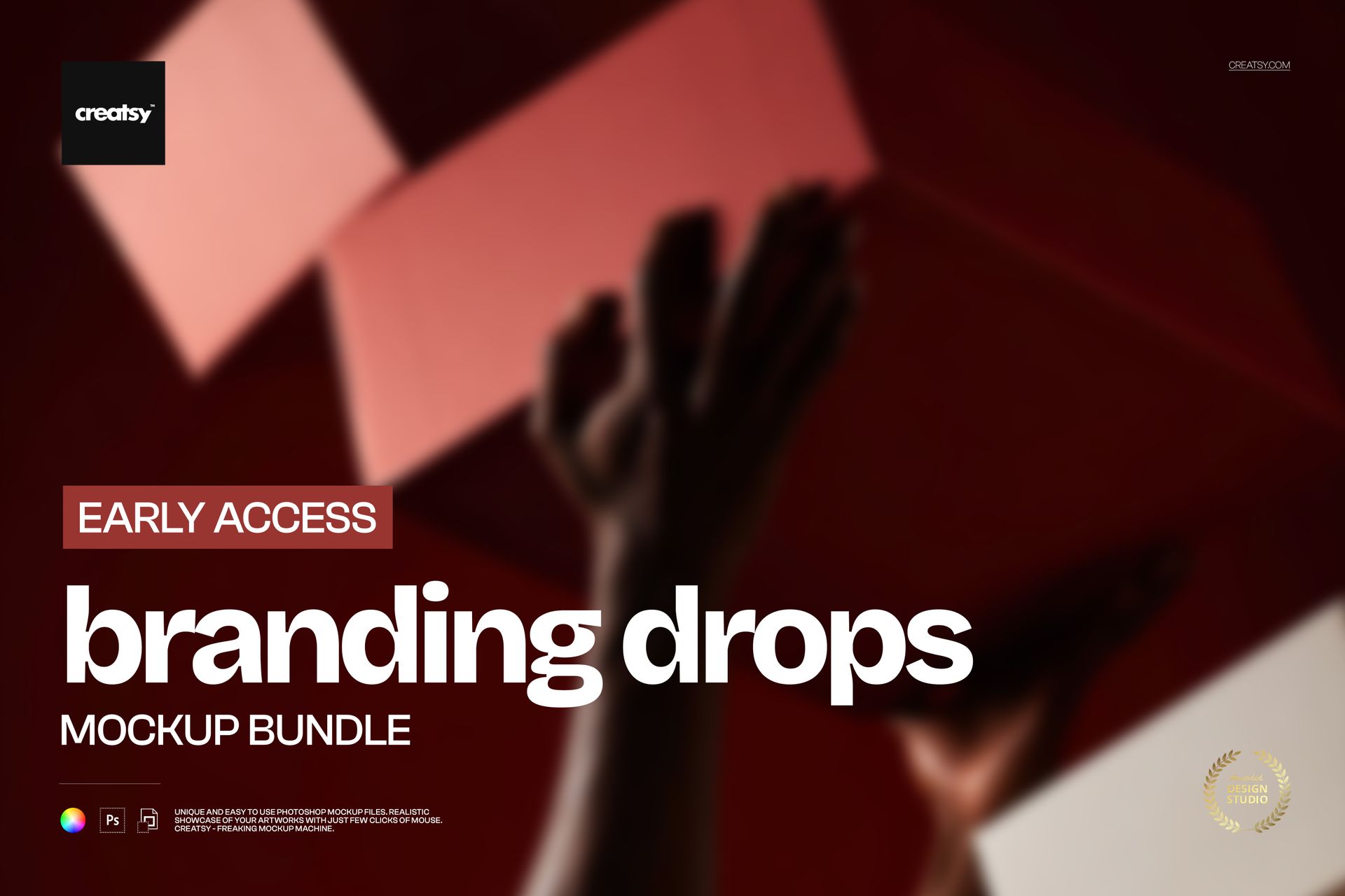 Close-up of hands extended upward against floating red cubes, featuring branding drops mockup bundle label.