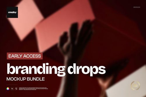 Close-up of hands extended upward against floating red cubes, featuring branding drops mockup bundle label.