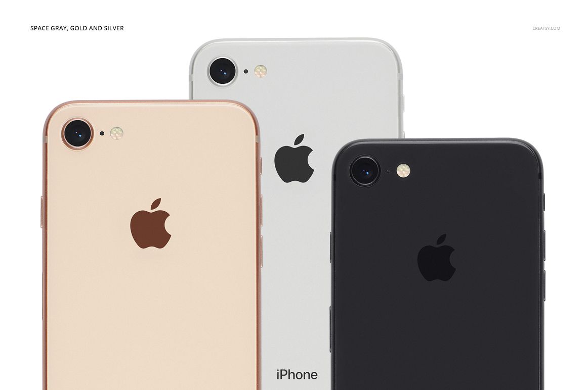 Mockup of iPhone 8 clear cases displayed on three phones in different metallic colors, arranged side by side.