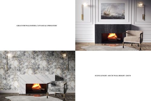 Luxurious interior mockup featuring a fireplace and armchair, shown in two styles with elegant wall art and lighting.
