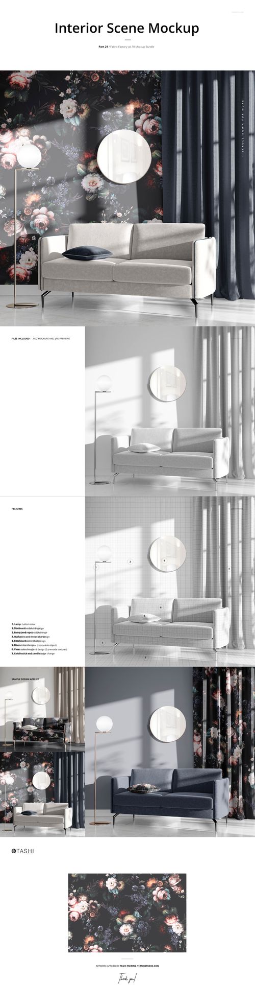 Modern living room scene with a fabric mockup, featuring a floral patterned wall, sofa, round mirror, and curtains.