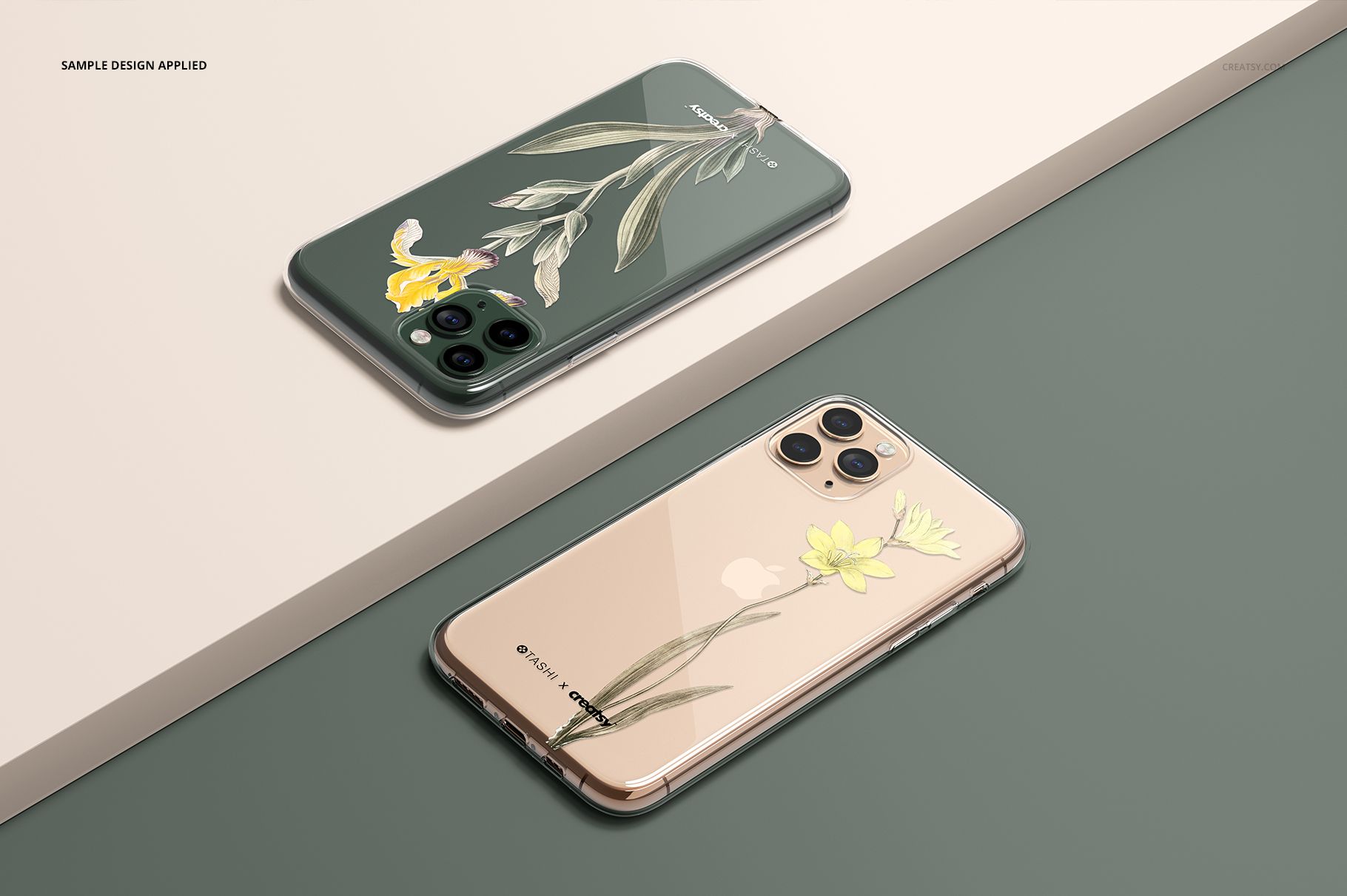 Two iPhone 11 Pro devices with clear cases featuring botanical designs, displayed on a two-tone surface in a mockup.