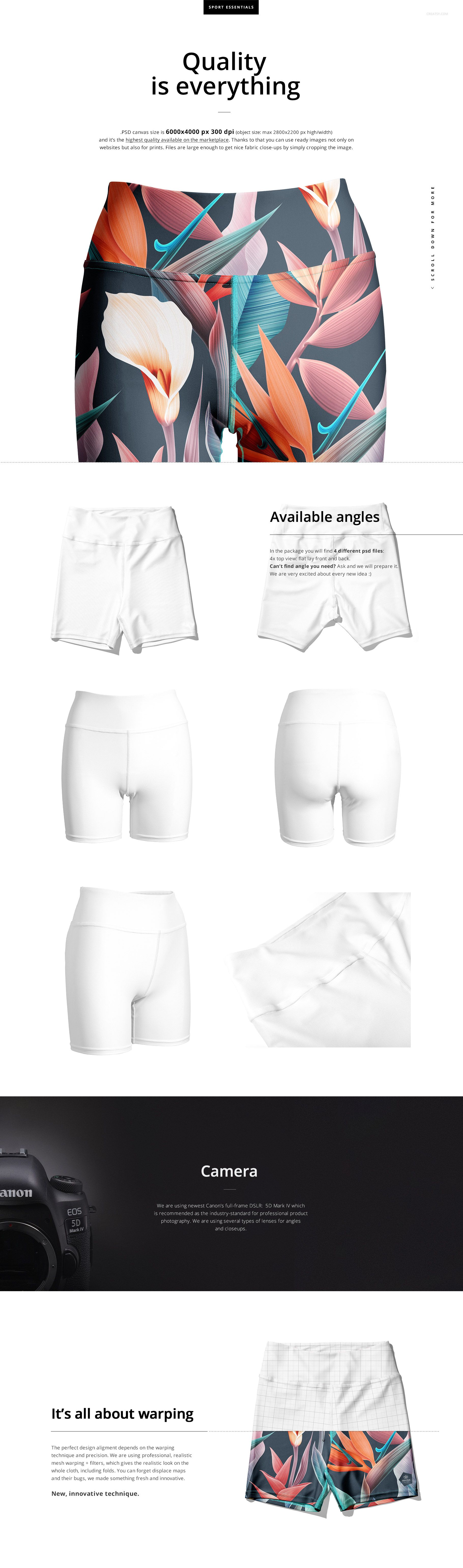 Front view of yoga shorts with an all-over tropical floral pattern, shown as a PSD mockup on a white background.