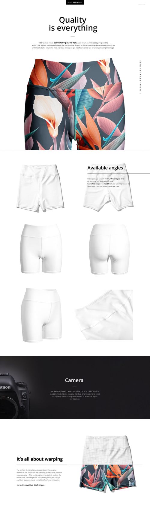 Front view of yoga shorts with an all-over tropical floral pattern, shown as a PSD mockup on a white background.