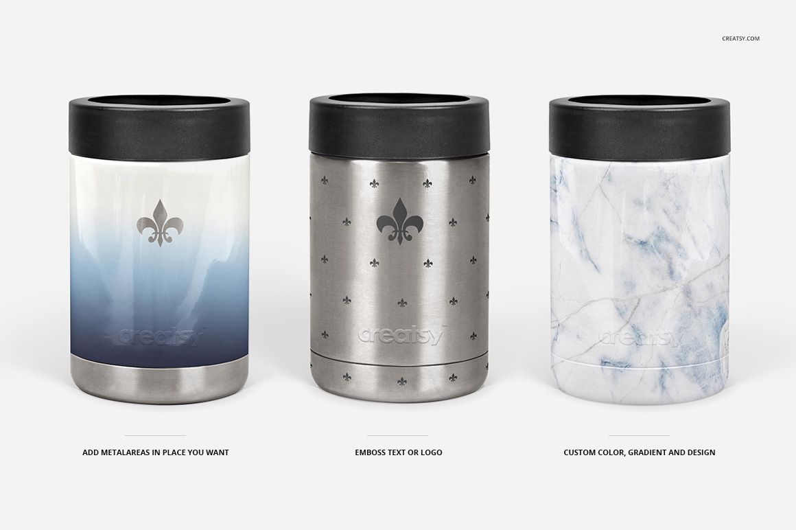 Front view of three colster drinkware mockups with different finishes: gradient blue, brushed steel, and marble pattern.