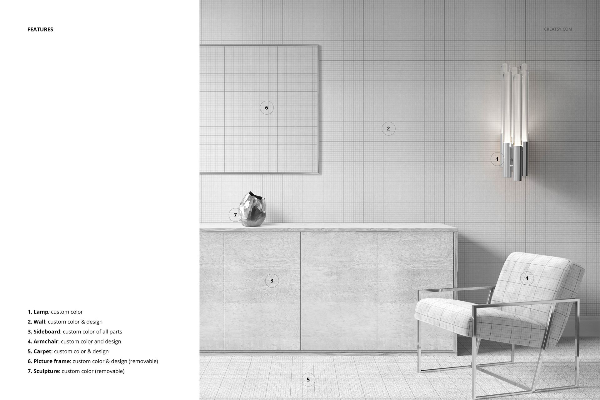 Modern luxury armchair and sideboard mockup with light tones, geometric wall grid, and decorative lamp and vase.