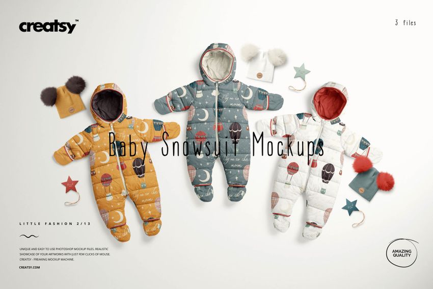 Editable PSD mockup showing three baby snowsuits with whimsical designs, surrounded by decorative baby items.
