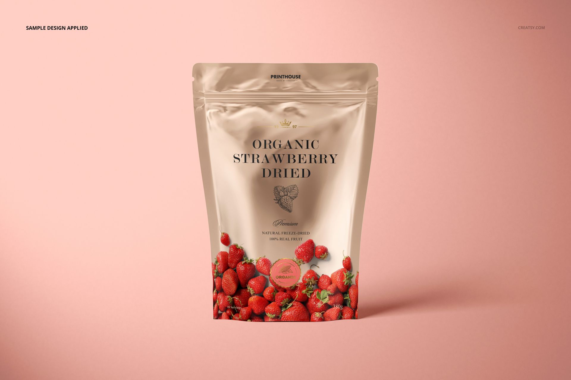 Front view of a metallic zip lock pouch mockup featuring strawberry illustrations and a matte finish.