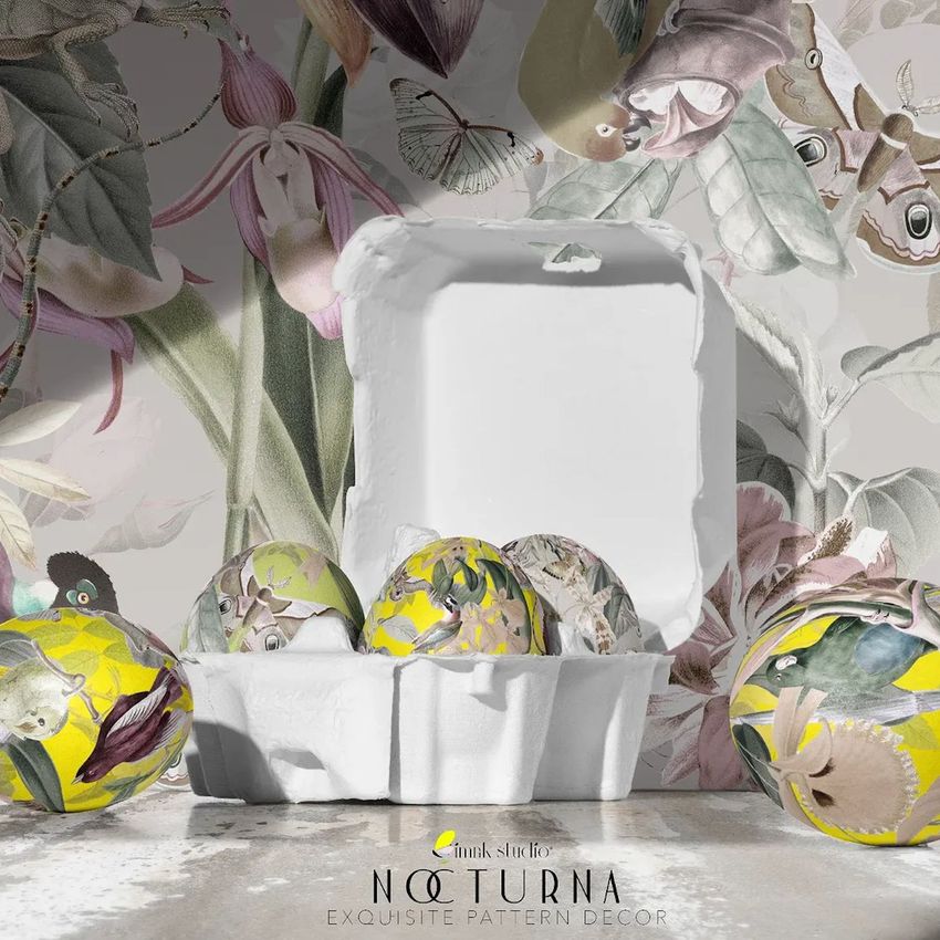 Boxed Easter eggs mockup featuring painted eggs in a white carton, with a nature-inspired wallpaper in the background.