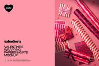 Valentine’s wrapping paper mockup with pink and red gift boxes, rolled sheets, and heart-shaped decorations on a pink surface.