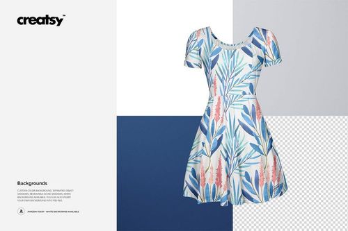 Front view of a wavy dress mockup with short sleeves, featuring a blue and coral botanical pattern on a white background.